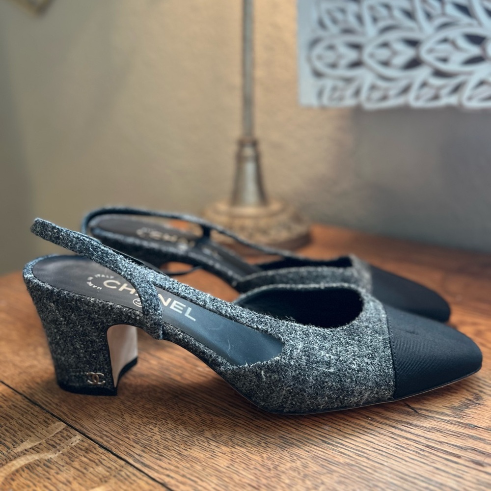 CHANEL Tweed and Black Slingback Heels